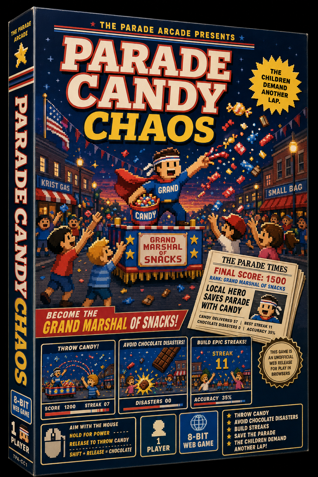 Parade Candy Chaos cover art showing an 8-bit parade candy throwing game scene.