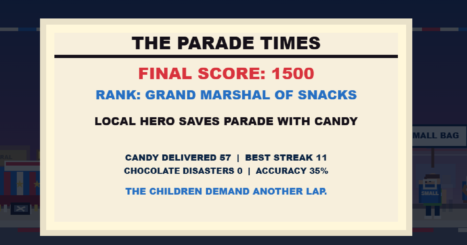 Parade Candy Chaos gameplay screenshot showing the candy throwing view and parade spectators.