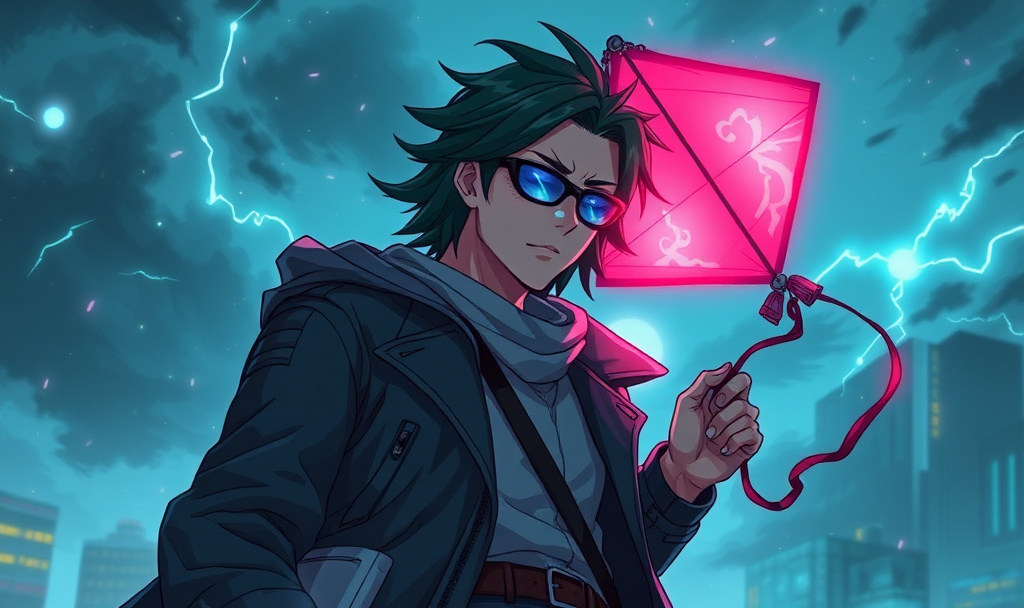 anime cyberpunk of benfranklin with a kite superpower