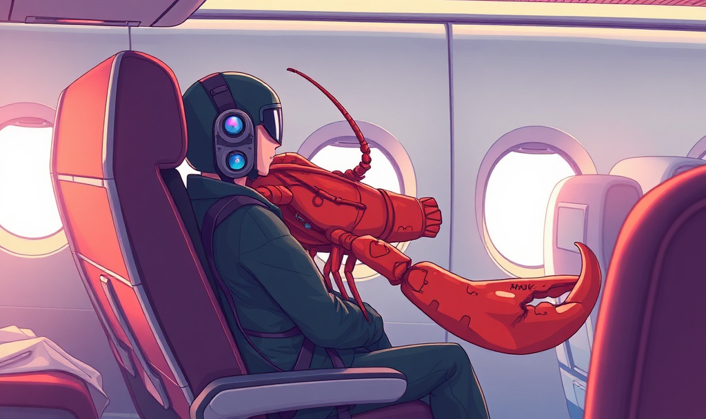 anime manga cyberpunk lobster flying economy class on an airplane