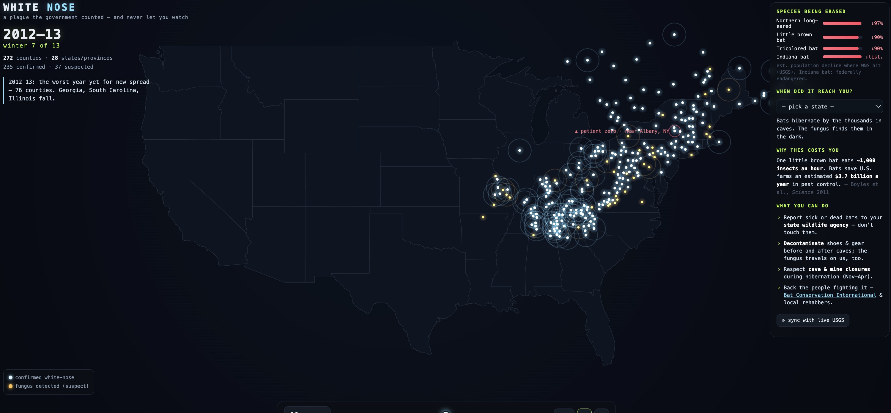 White Nose project cover image showing bats and a county-by-county data visualization theme