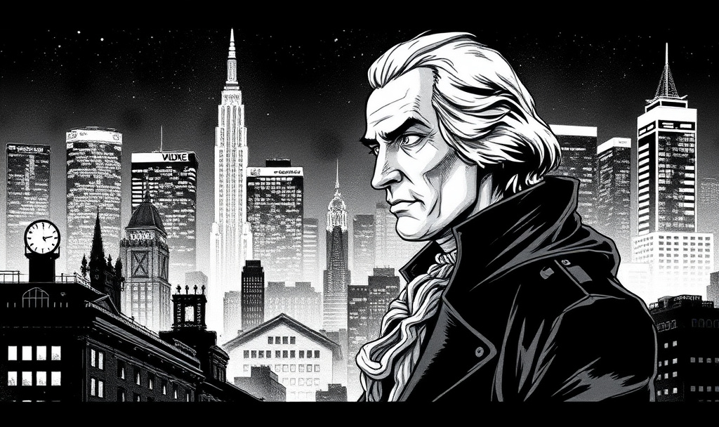 cyberpunk anime George Washington, midnight, ink lines