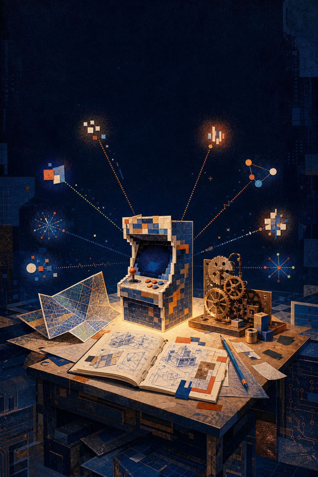 Original editorial illustration of a public build competition workbench