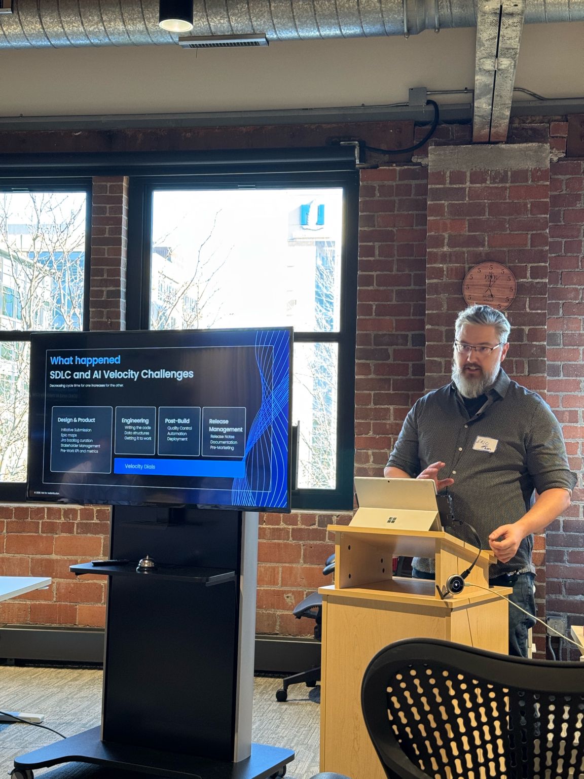 Eric Rhea leading the AI discussion at the P3+Uplift Tech Yeah! meetup