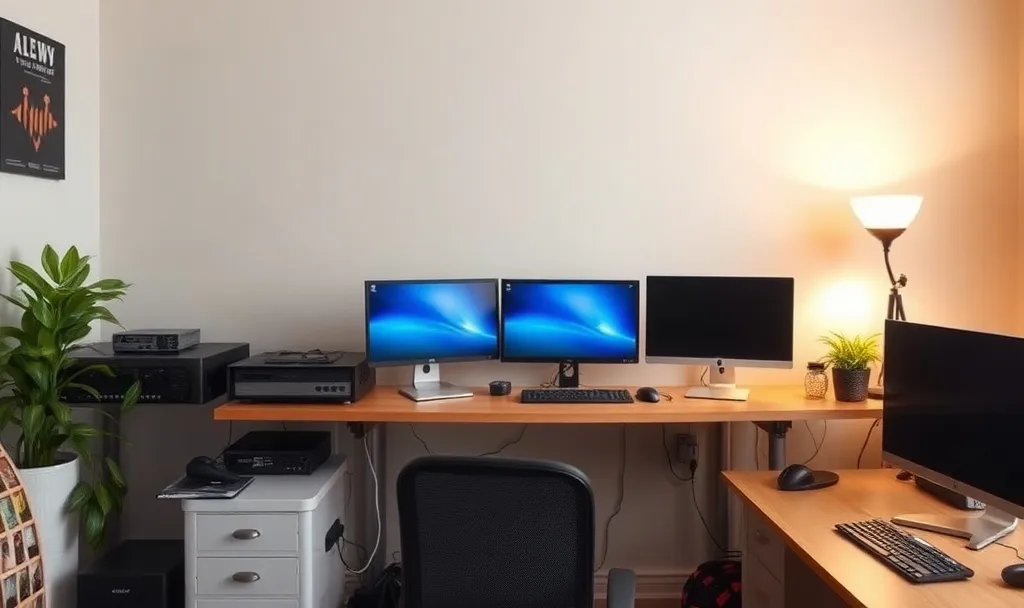 Home office, clean, with a KVM switch and multiple computers on a shelf