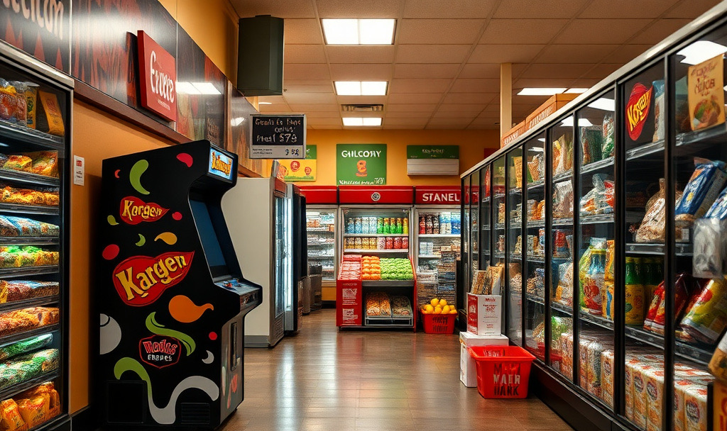 A lone arcade machine in a grocery store, connecting Saturday errands to Saturday Plays.