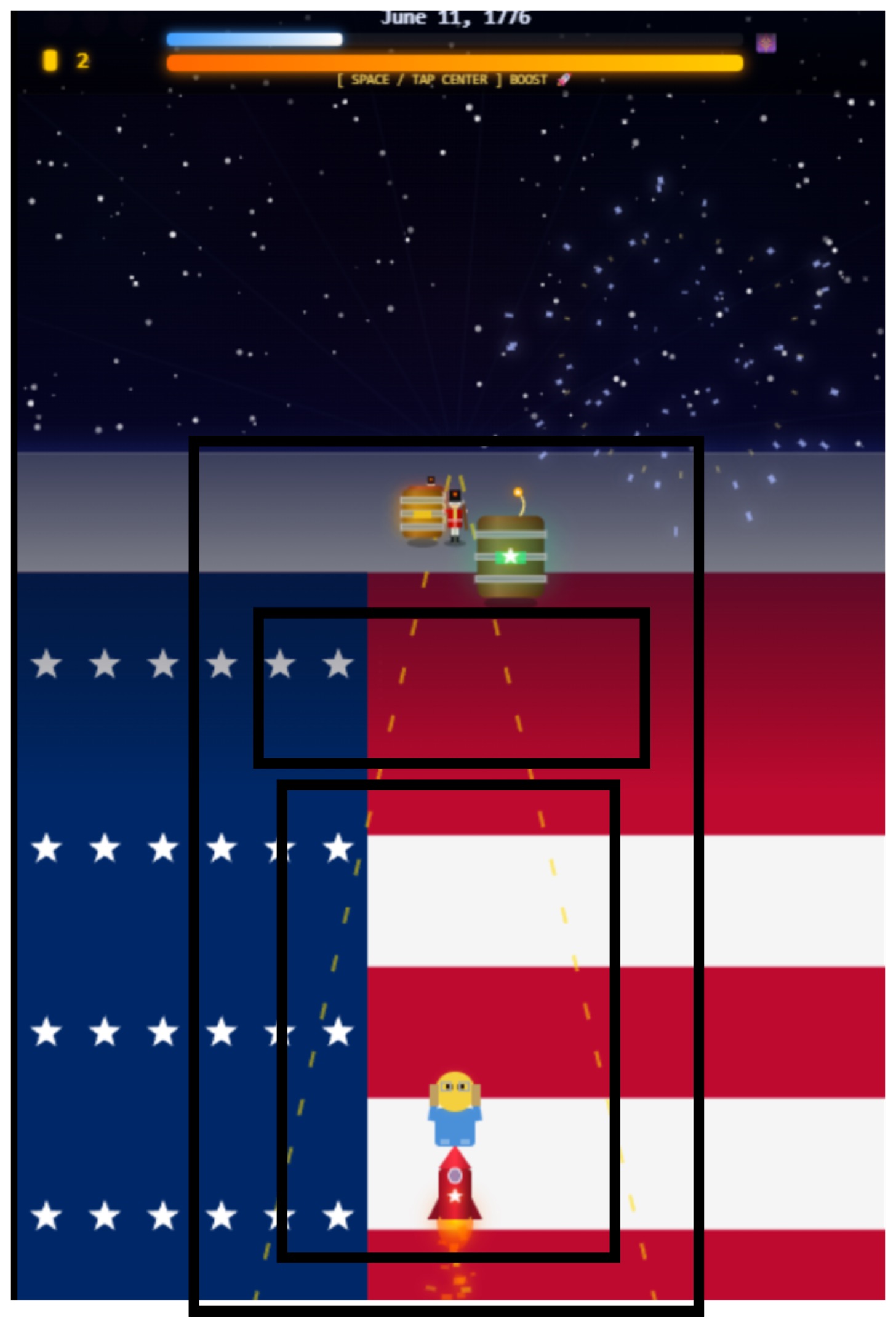 Ride for Liberty gameplay notes showing pseudo-3D lanes, fireworks, and attention focus.