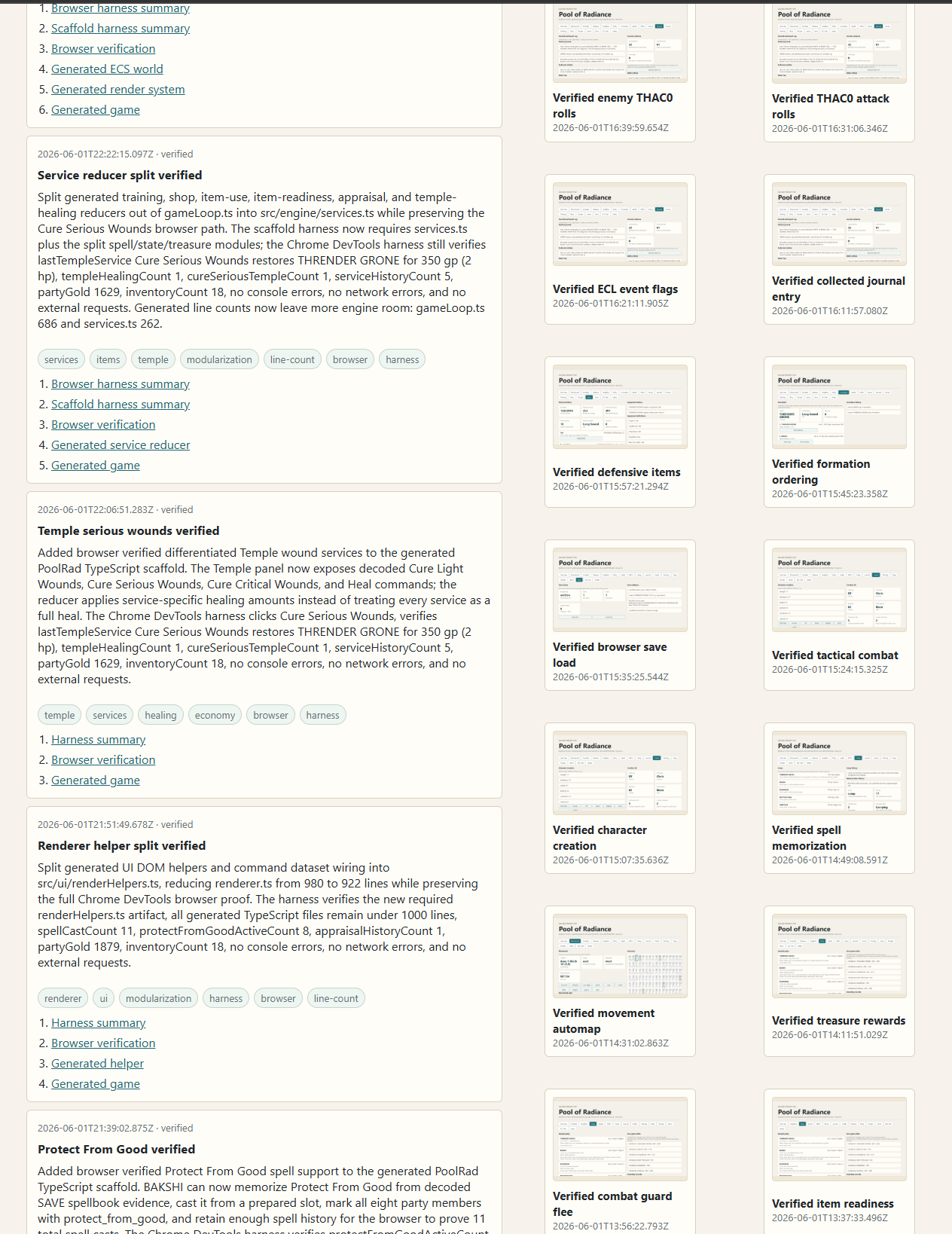 A tall screenshot of a Codex proof tracker page with sections, progress evidence, and verification artifacts.